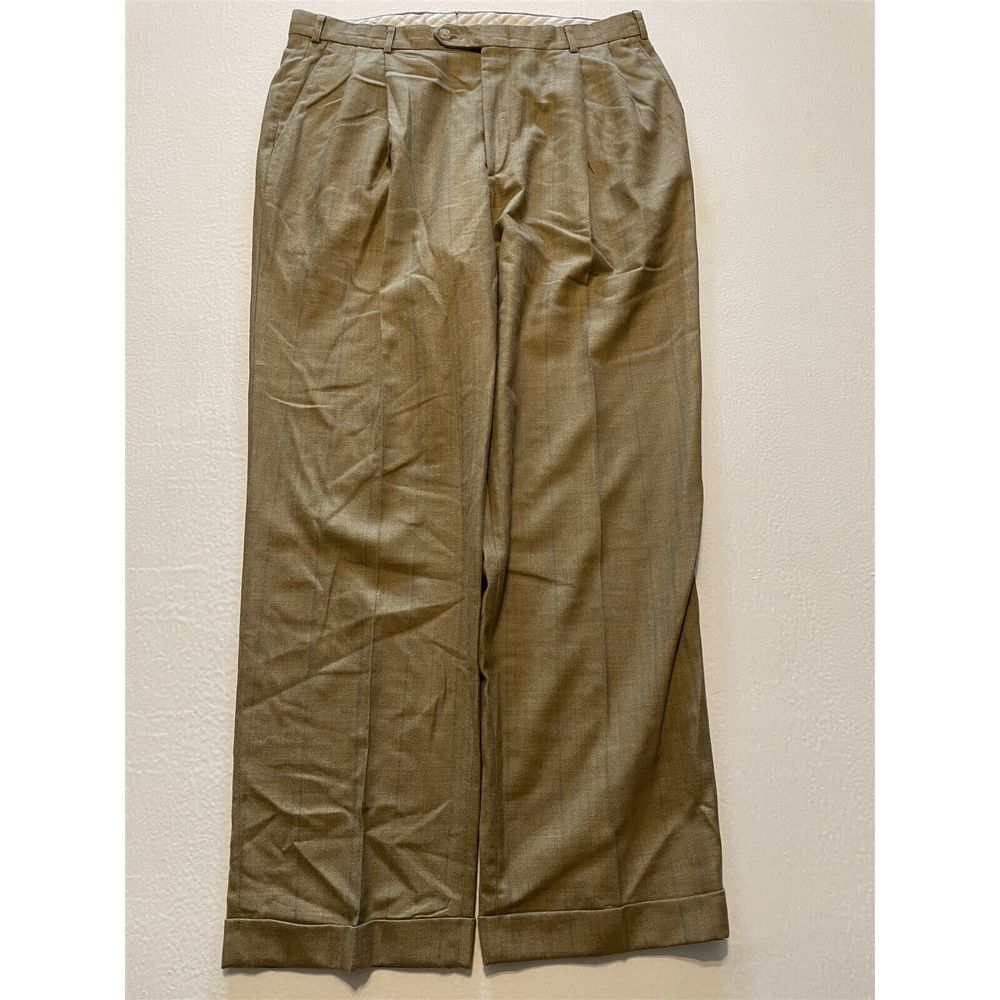 VTG Berle 36 x 32 Light Brown Herringbone Check‎ Super 100's Wool Trousers